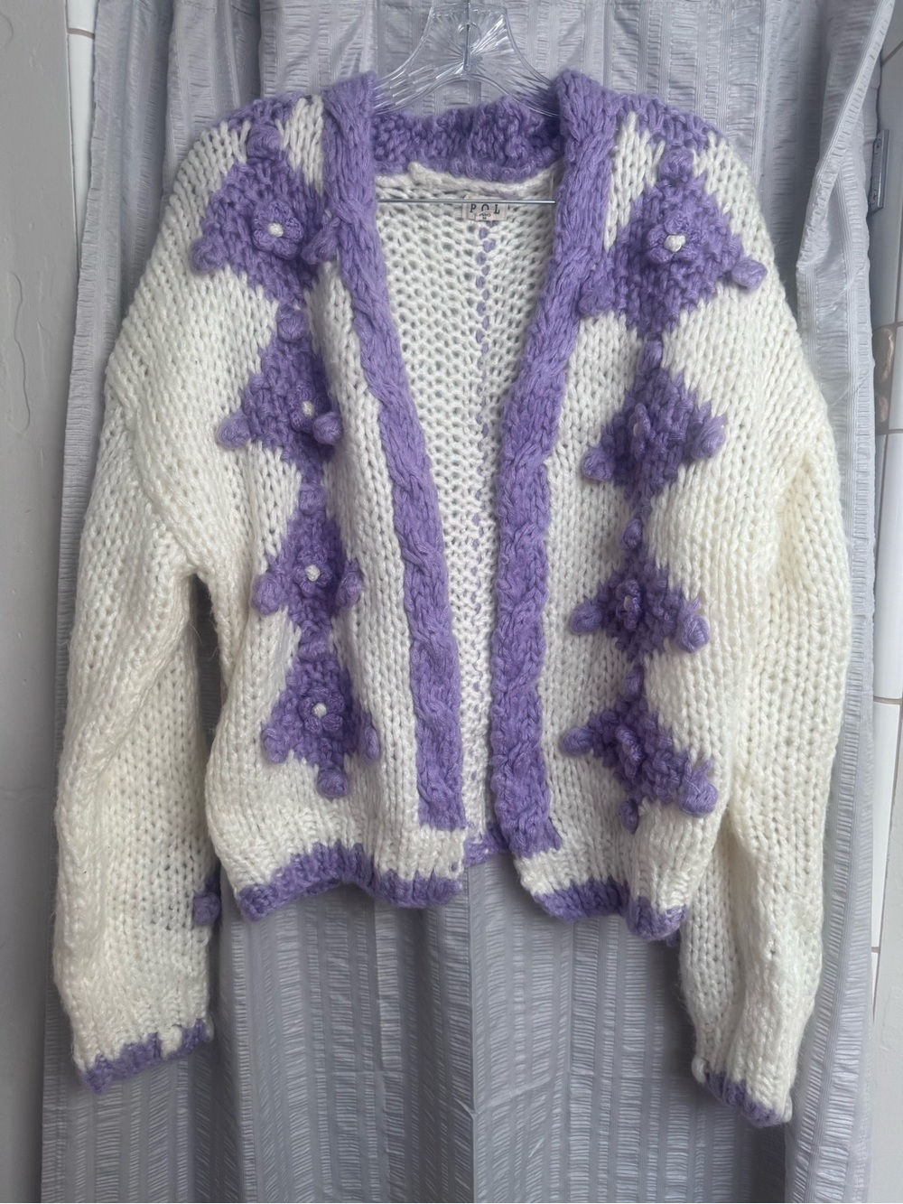 Pol Cozy Lavender Trim Chunky Knit Cardigan Sweater - Women large